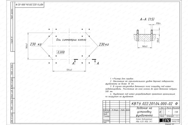 Фундамент котла 0.23 МВт уголь дрова чертеж