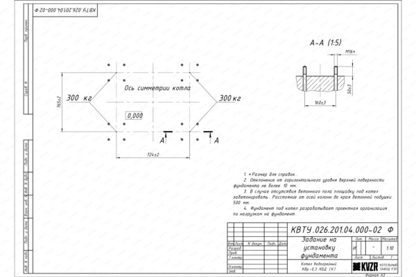 Фундамент котла 0.3 МВт уголь дрова чертеж
