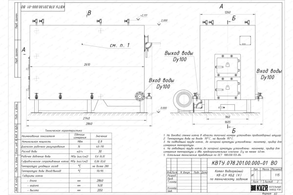 Котел 0.9 МВт уголь дрова с колосниками чертеж