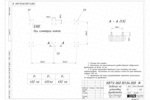 Чертеж фундамента котла КВр 0.7 с ОУР