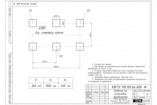 Чертеж фундамента котла КВр 1.25 с ОУР