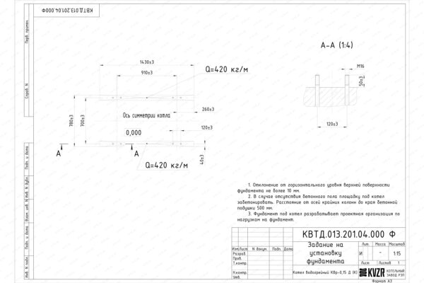 Чертеж фундамента котла на дровах 0.15 МВт с колосниками