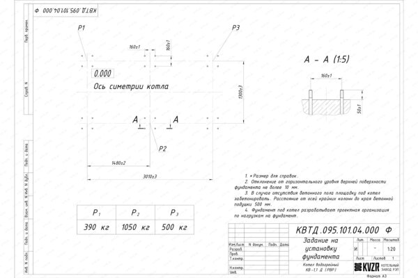 Чертеж фундамента котла на дровах 1100 кВт с ОУР