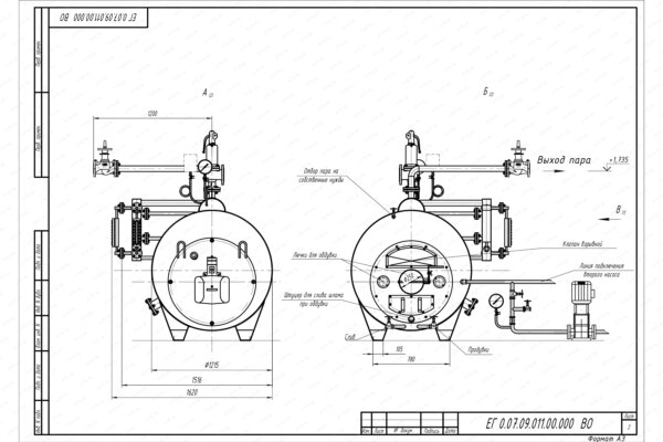 Парогенератор 700 кг 170 С на газе чертеж